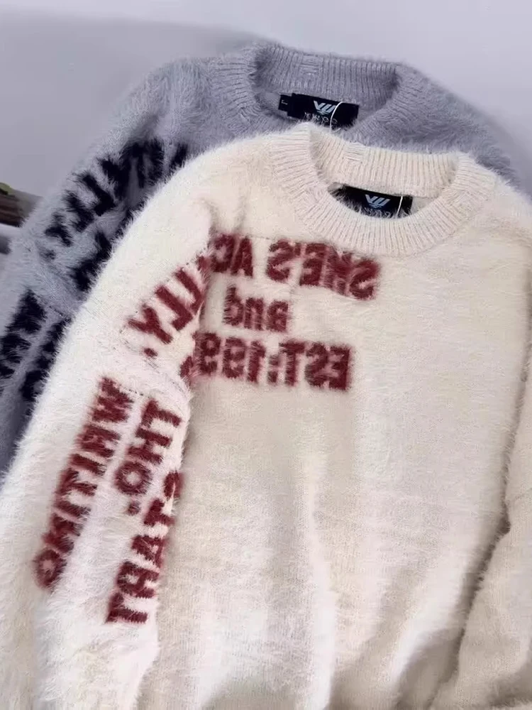 الأمريكية Sle محبوك المنك طوق جولة Ne سترة الرجال الخريف العصرية العلامة التجارية الإبداعية المطرزة رسالة فضفاضة زوجين متماسكة... #4