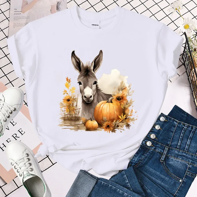 (Premium T-shirt)Fall Donkey Pumpkin Print Summer Casual T-Shirts For Women Creative O Neck Short-Sleeved T-Shirts Fashion tops