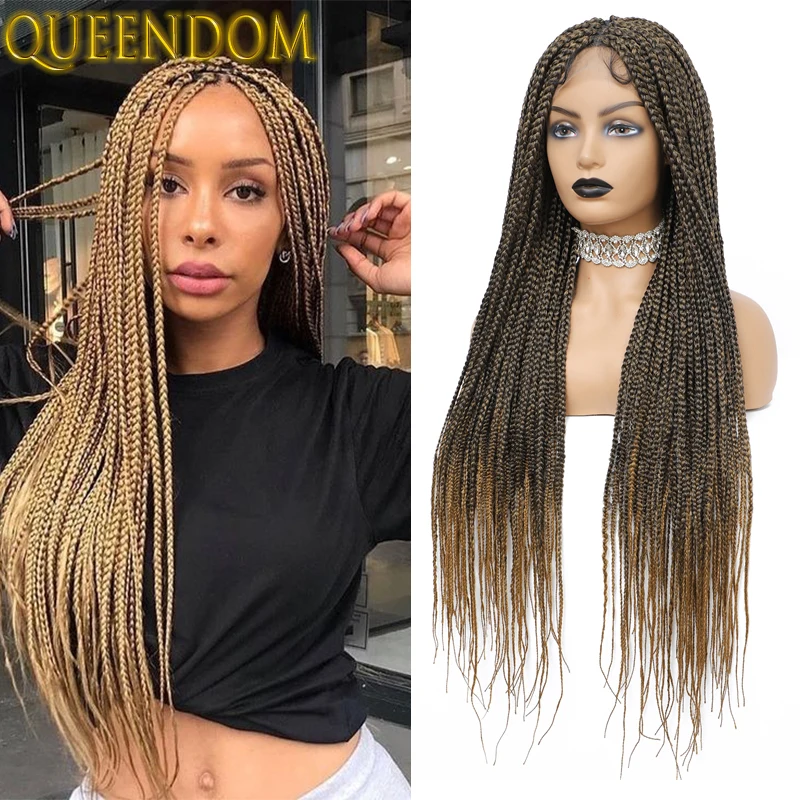 Ombre Blonde Knotless Box Braid Wig 36 Inch Full Lace Glueleless Cornrow Braids Wig Synthetic Lace Front Braided Wigs For Women