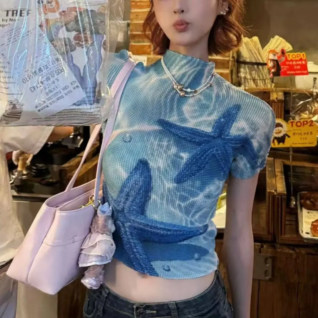 

American Style Ruched Printed Short Sleeve T Shirt for Women Summer Y2K Hot Girl Slim Fit Unique Design Cropped Top New Arrival