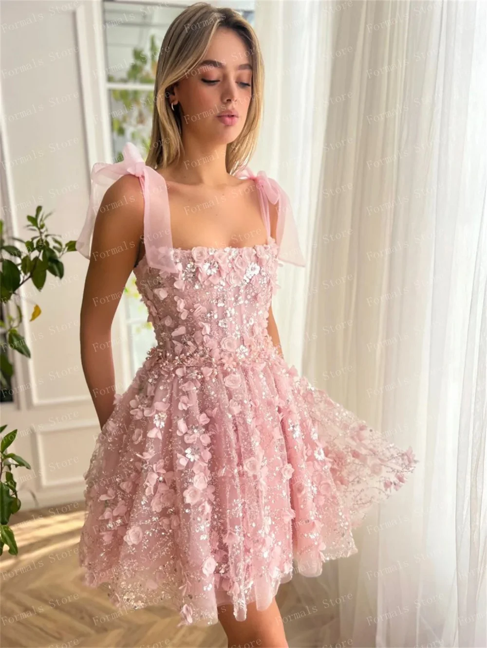 Amanda Princess Mini Prom Dresses 3D Flower Lace Embroidery Tulle Evening Dress Baby Pink Short Vestidos De Fiesta