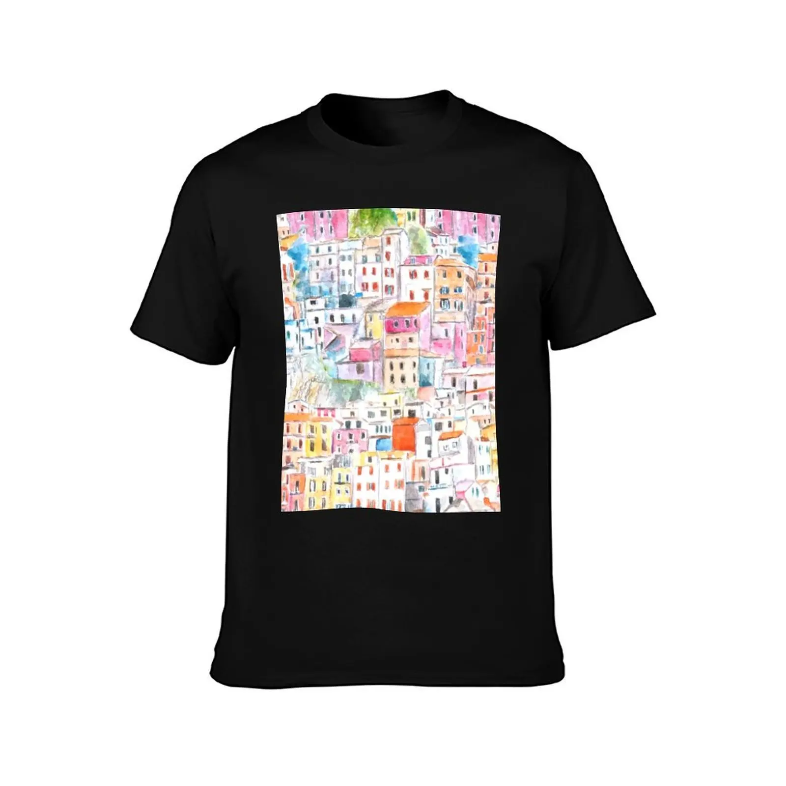 Italy Cinque Terre pattern watercolor painting T-Shirt Casual Basic Short Sleeve T-Shirt