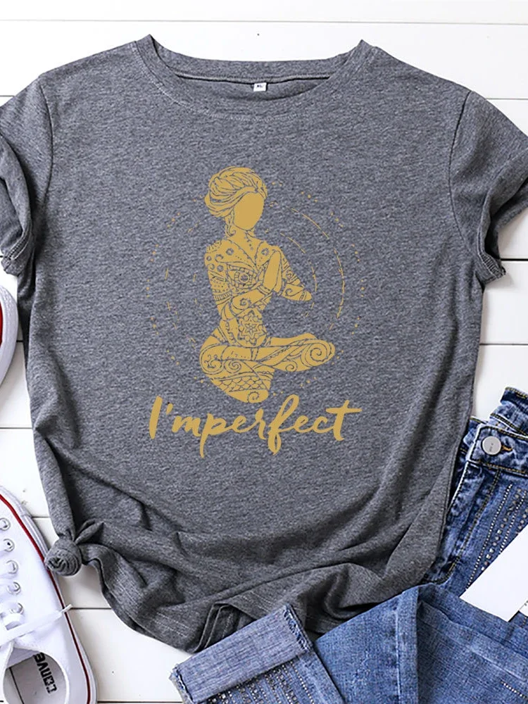 Eu sou perfeito yoga menina impressão t camisa das mulheres de manga curta o pescoço solto tshirt verão camiseta feminina topos camisas mujer