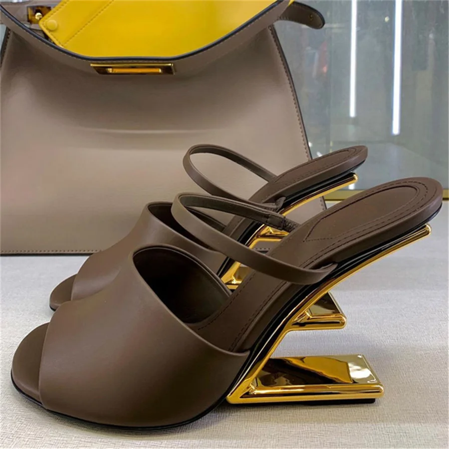 Designer Brown Women Slippers Sexy Peep Toe Dress Pumps 2024 New Summer Outdoor Mules High Heel Sandals Wedge Shoes Woman