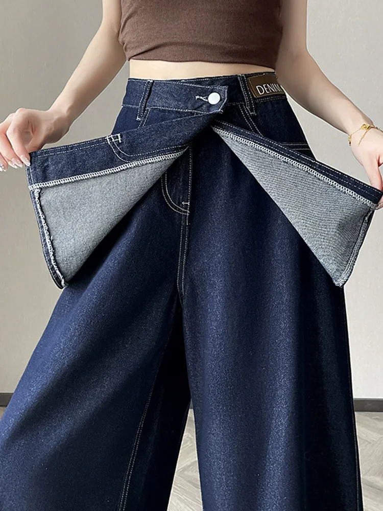 パッチワークふくらはぎ丈ワイドレッグジーンズファッションスプライシングハイウエストデニムパンツ女性のカジュアルストリートストレートバケロス