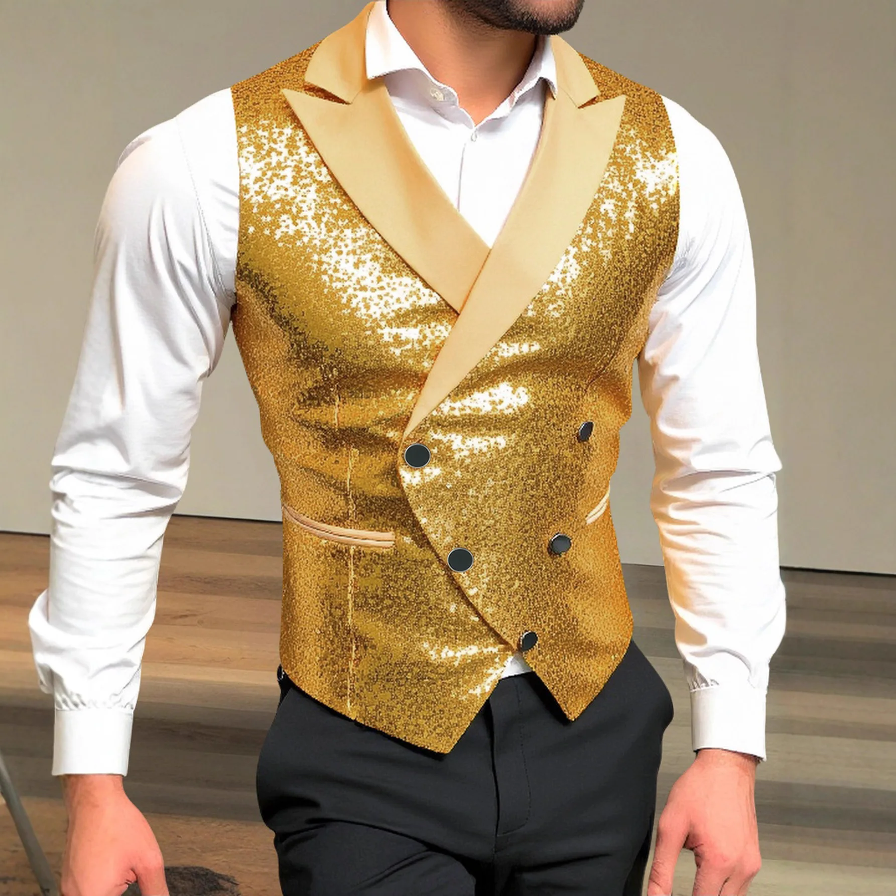 

New Men Gold Sequin Suit Vest Double Breasted Satin Lapel Stage Performance Costume Nightclub Host Fashion Waistcoat