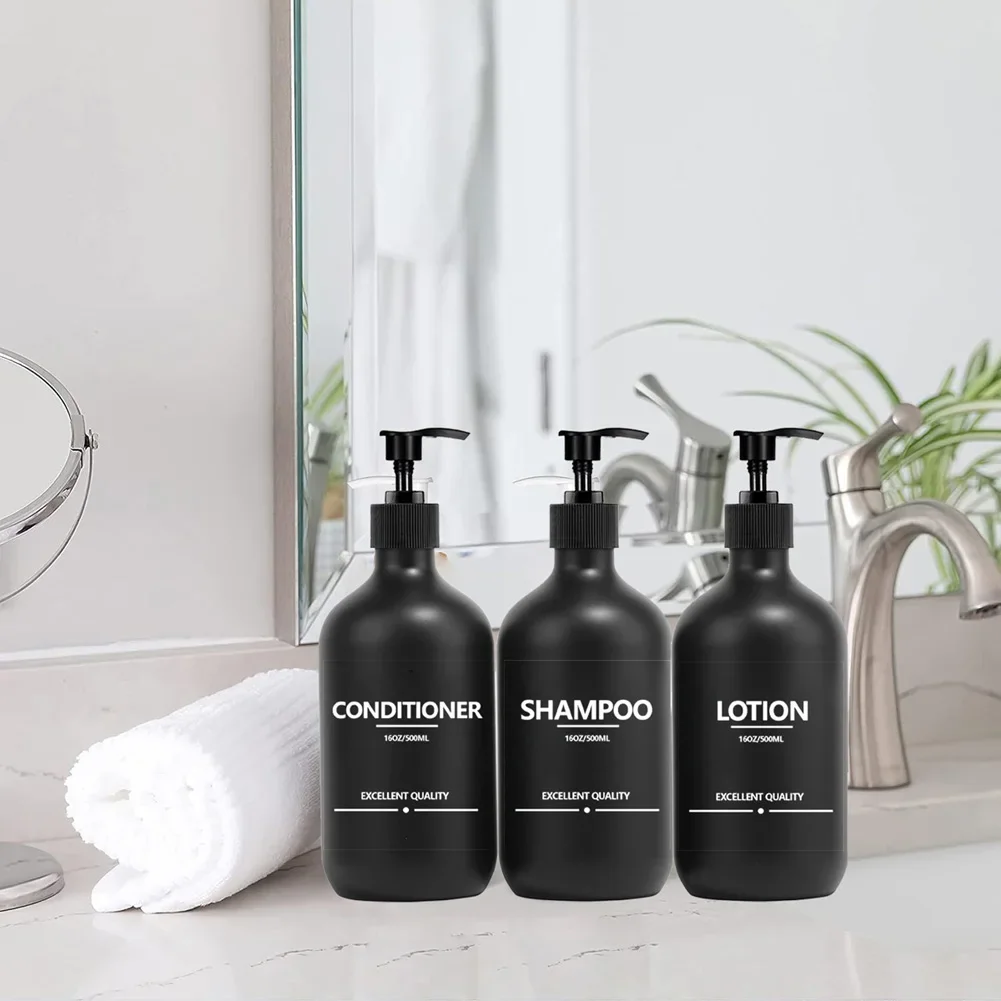 Bathroom Black Soap Dispenser Removable Shampoo Shower Gel Conditioner Container Reusable Lotion Bottle with 6/8/12 Labels