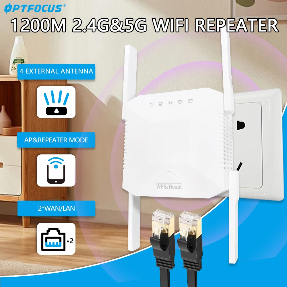 OPTFOCUS 2.4G 5G WiFi Repeater 2 LAN 300 1200Mbps For Router Repetidor 4 Antennas Wi fi Amplificador Wireless Range Extender