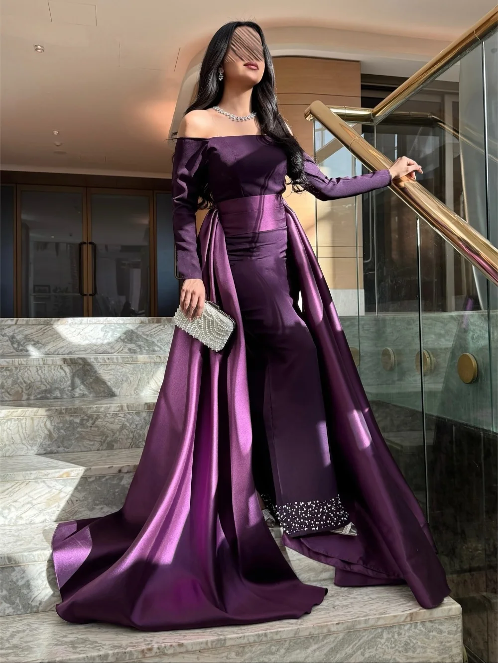 

Customized Jersey Rhinestone Pleat Sheath Off-the-shoulder Long Dresses Bespoke Occasion Party Exquisite FormalHigh Quality