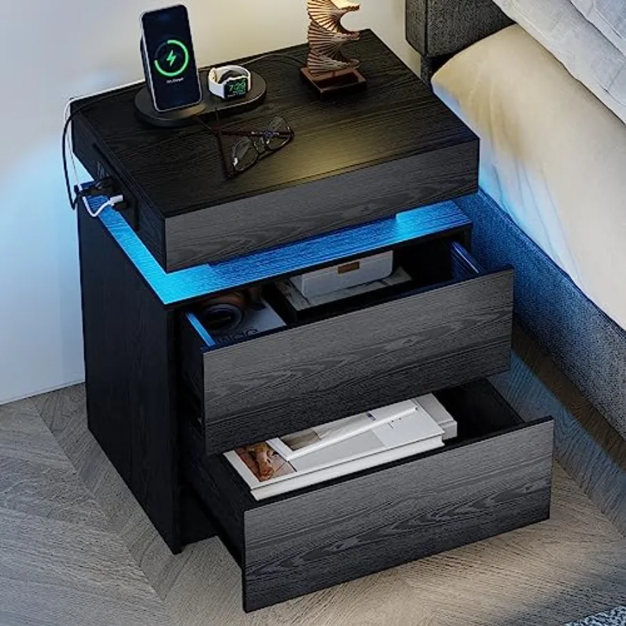 

Modern black nightstand with builtin charging station LED lighting and functional drawers ideal for contemporary bedroom decor