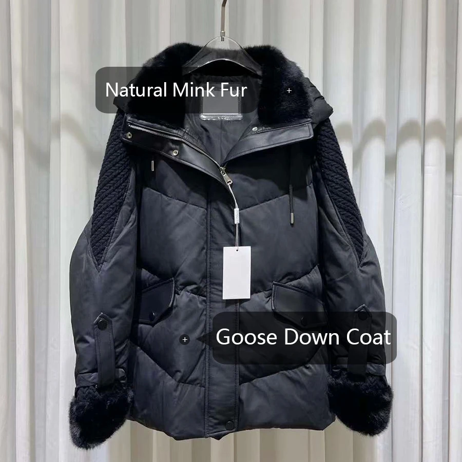 Feminino Mink Fur Puffer Jacket com capuz, Goose Down Jacket, Casaco de pele real de luxo, Novo, Inverno, 2022