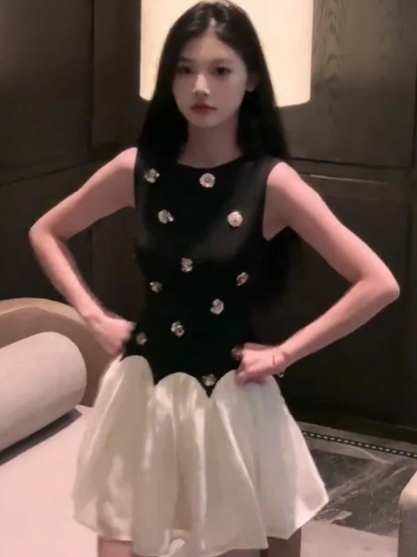 

Платье-жилет без рукавов Hebe Style, женское летнее, новинка, с цветочной 3D-вышивкой, короткое, в корейском стиле, с завышенной талией