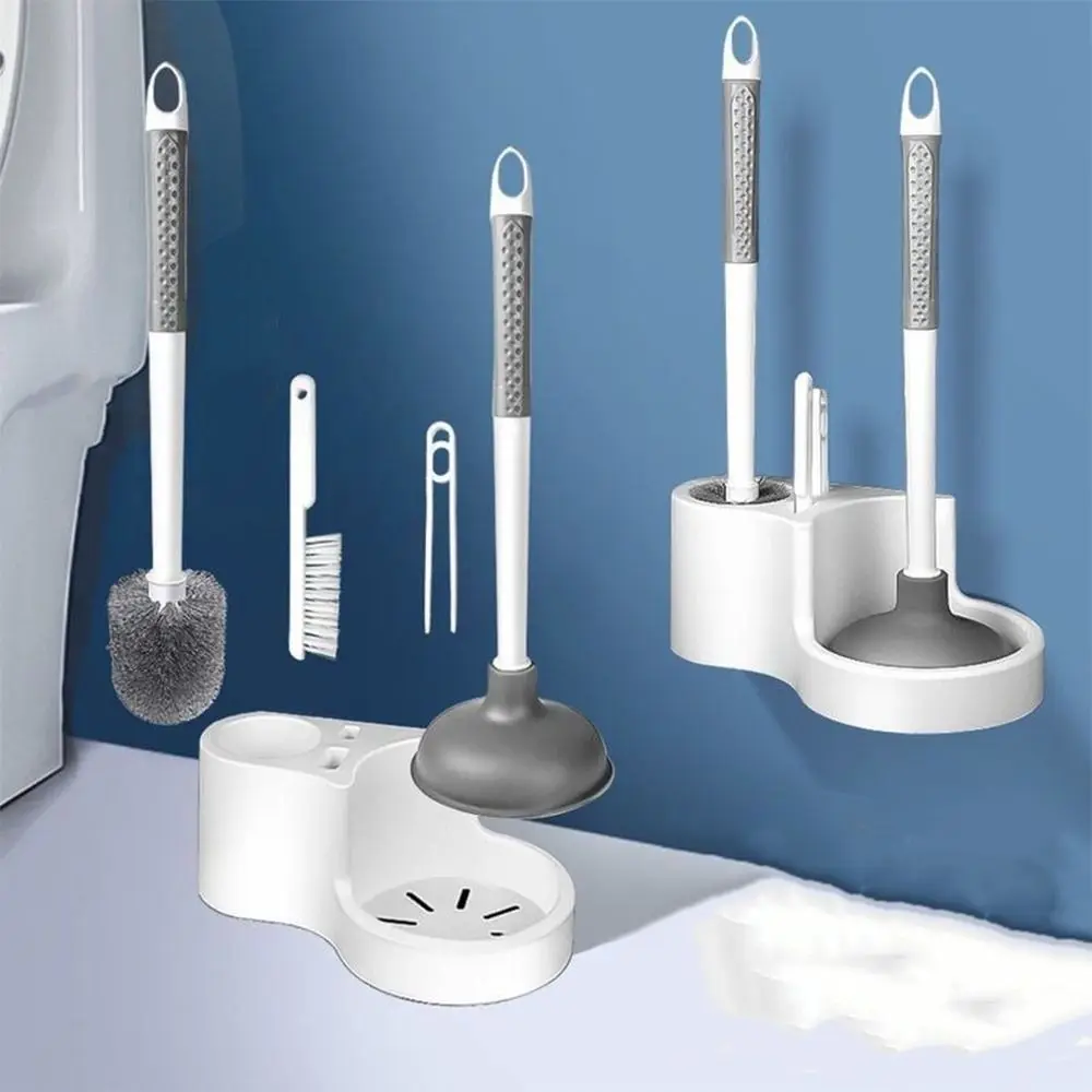 

4 in 1 Toilet Brush Holder Long Handle Wall Mounted Toilet Bowl Brush No Dead Angles Toilet Cleaning Brush