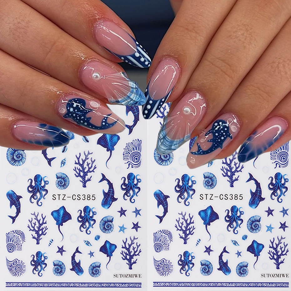 Summer Cute Cartoon Blue Ocean Life Nail Stickers Featuring Blue Whale, Octopus, conch Design Self-Adhesive 3D Nail Art Decals
