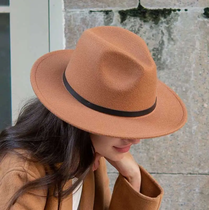 Fedora felt  hat jazz hat men and women classic black leather belt Fedora Panama women autumn and winter Panama hat wholesale