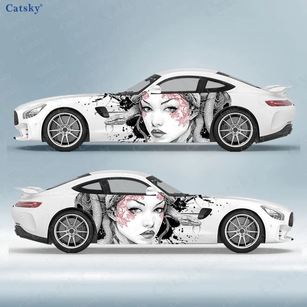 Dark Snake Beauty Red Tattoo Car Vinyl Wraps Decal Self-adhesive PVC Sticker Suitable for Trucks SUV Decor Auto Accessories Gift