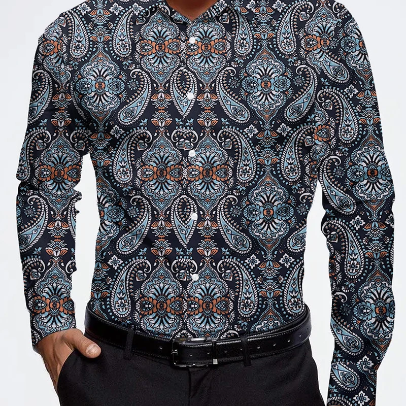 2025 New Men's Formal Dress Shirt Ball Long Sleeved Polyester Blue Paisley Black Print Shirt Men's Style Clothing