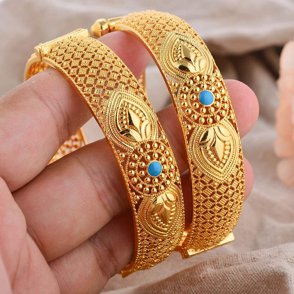 

2pcs 24K Gold Color Bangles rabic Ethiopian Nigerian Banquet Wedding Bracelets Party Choker Copper Jewelry Gifts