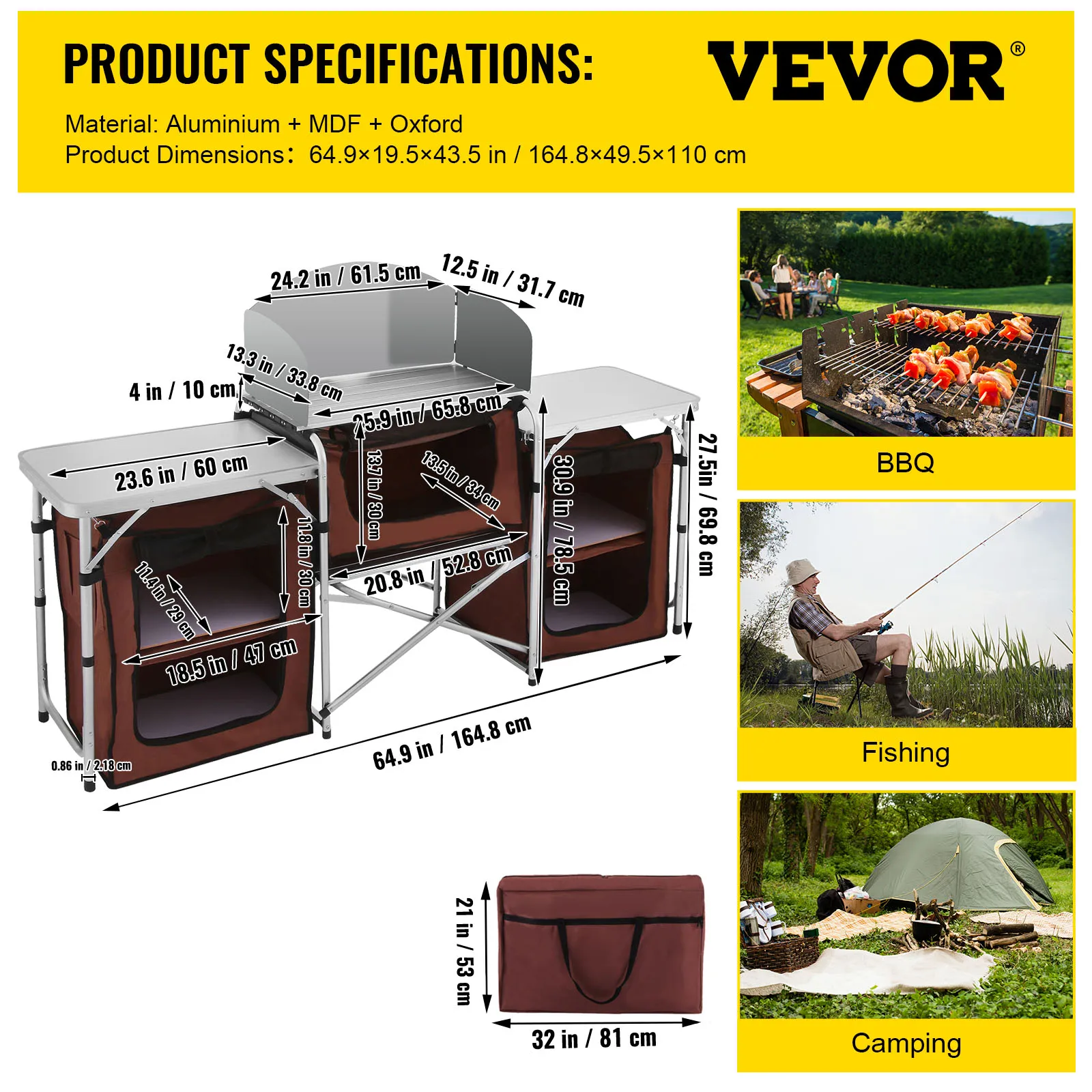 VEVOR Camping Outdoor Kitchen Table Cabinet Foldable Folding Cooking Storage Rack X-Shaped Aluminum Alloy Bracket for BBQ Picnic