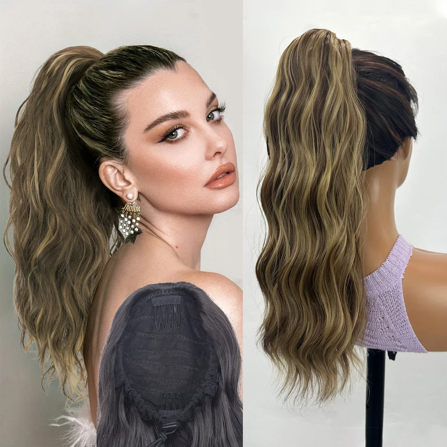 

Drawstring Ponytail Hair Extension 18Inch Long Curly Wavy Pony Tail Hairpieces for Women Brown Blonde Mixed Horsetail