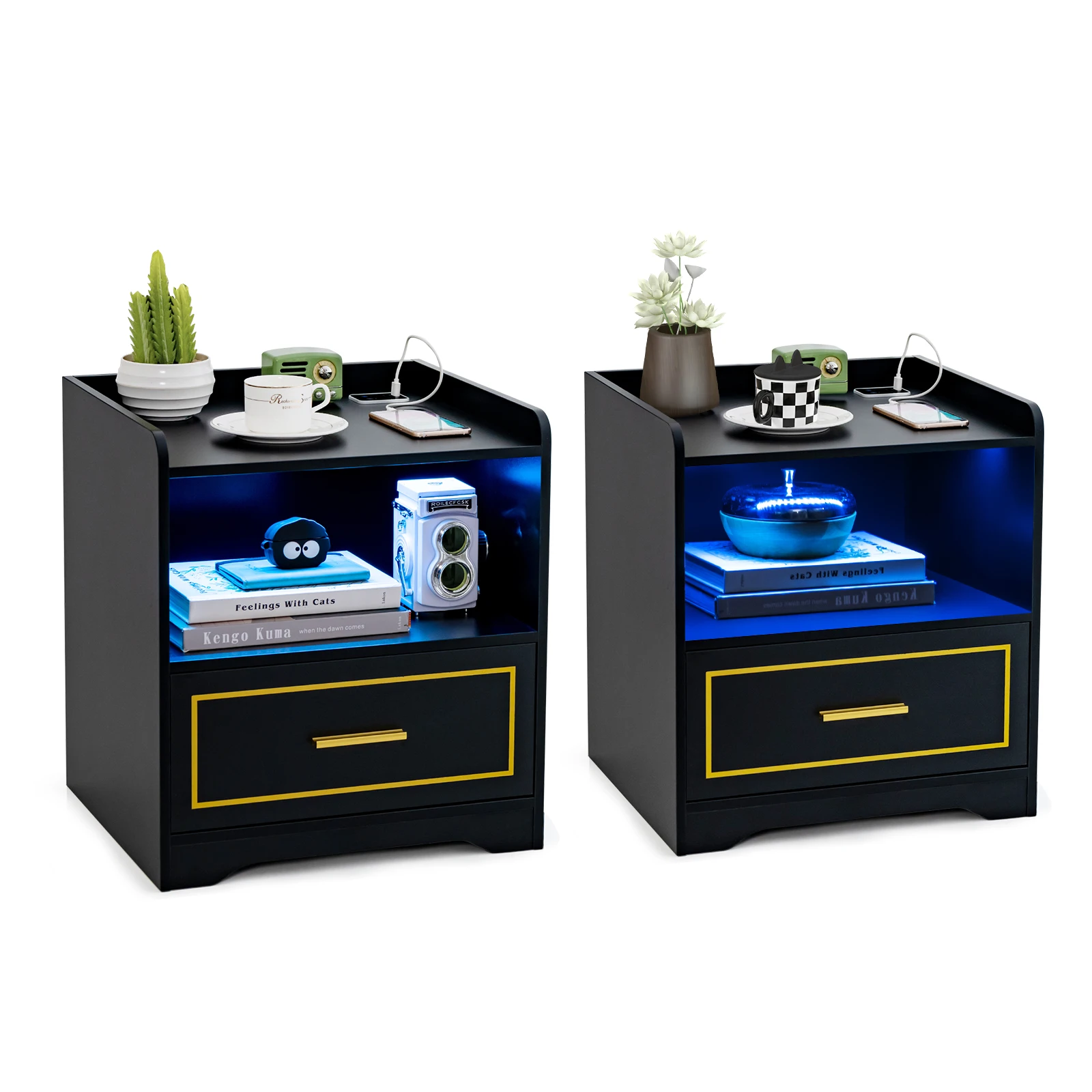 2 set bedside table with LED light, USB port and Type-C charging station, bedside cabinet with motion sensor, side table table with