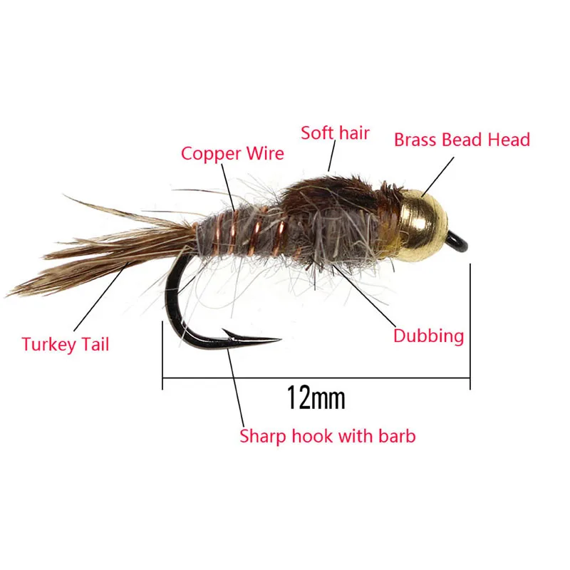 Vampfly 6PCS 14# Angeln Köder Messing Perle Kopf Hare der-Ohr Nymph Fliegen Binden Haken Trout Fly Fishing locken