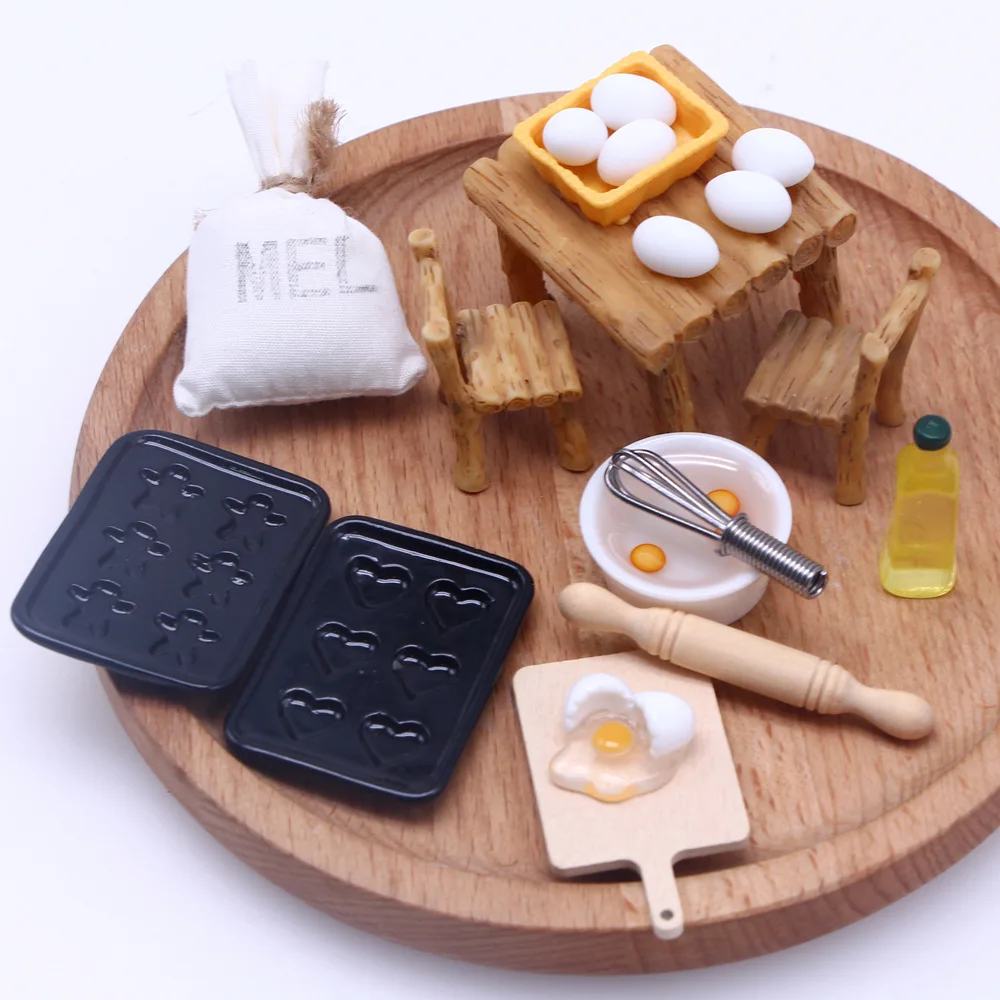 1Set Dollhouse Miniature Food And Play Scene Accessories Set Resin Chair Rolling Rod Olive Oil Egg Flour Bag Model  Decoration