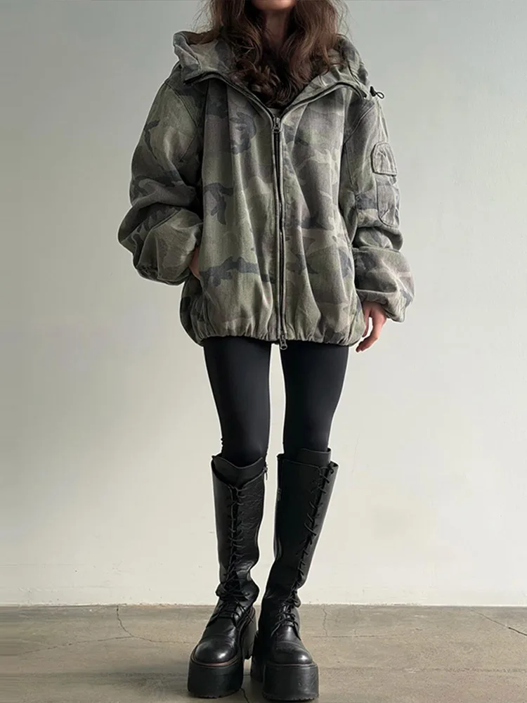 Women Camo Print Hooded Zipper Jacket Elastic Cuff Jacket Cropped Short Length Loose Puffer Winter Warm Winter Street Jackets