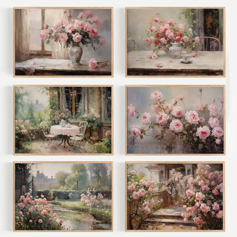 Vintage Oil Painting of Flowers Pink Rose Vase Window By River Poster Canvas Painting Wall Art Pictures Home Decor