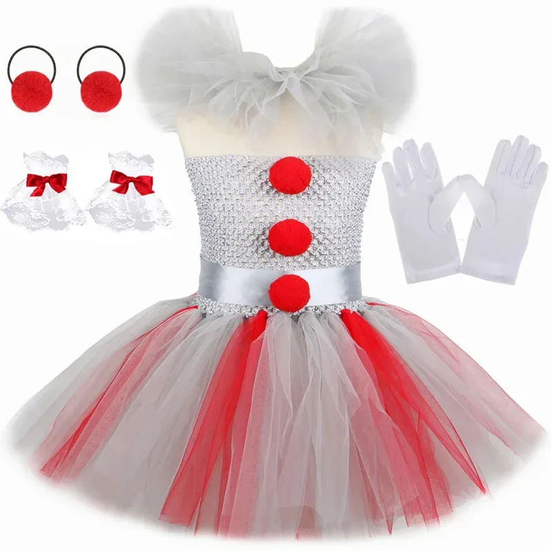 Disfraz de Pennywise de Halloween para niños, disfraz de payaso espeluznante, ropa de fiesta de Carnaval, conjunto de vestido tutú de tul elegante gris para niñas