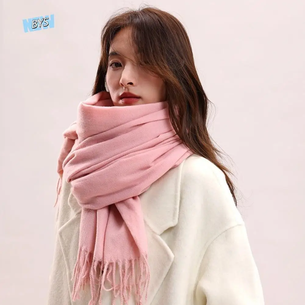 

Fashion Tassel Imitation Cashmere Scarf Thickened Korean Style Women Shawl Warm Solid Color Winter Neckerchief Student