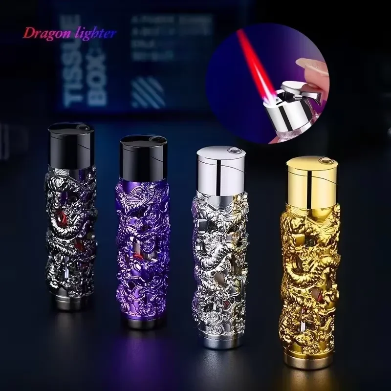 New Metal Relief Luminous Inflatable Lighter Windproof Butane Turbine Torch Portable Cigar Lighter Fashionable Men Gift