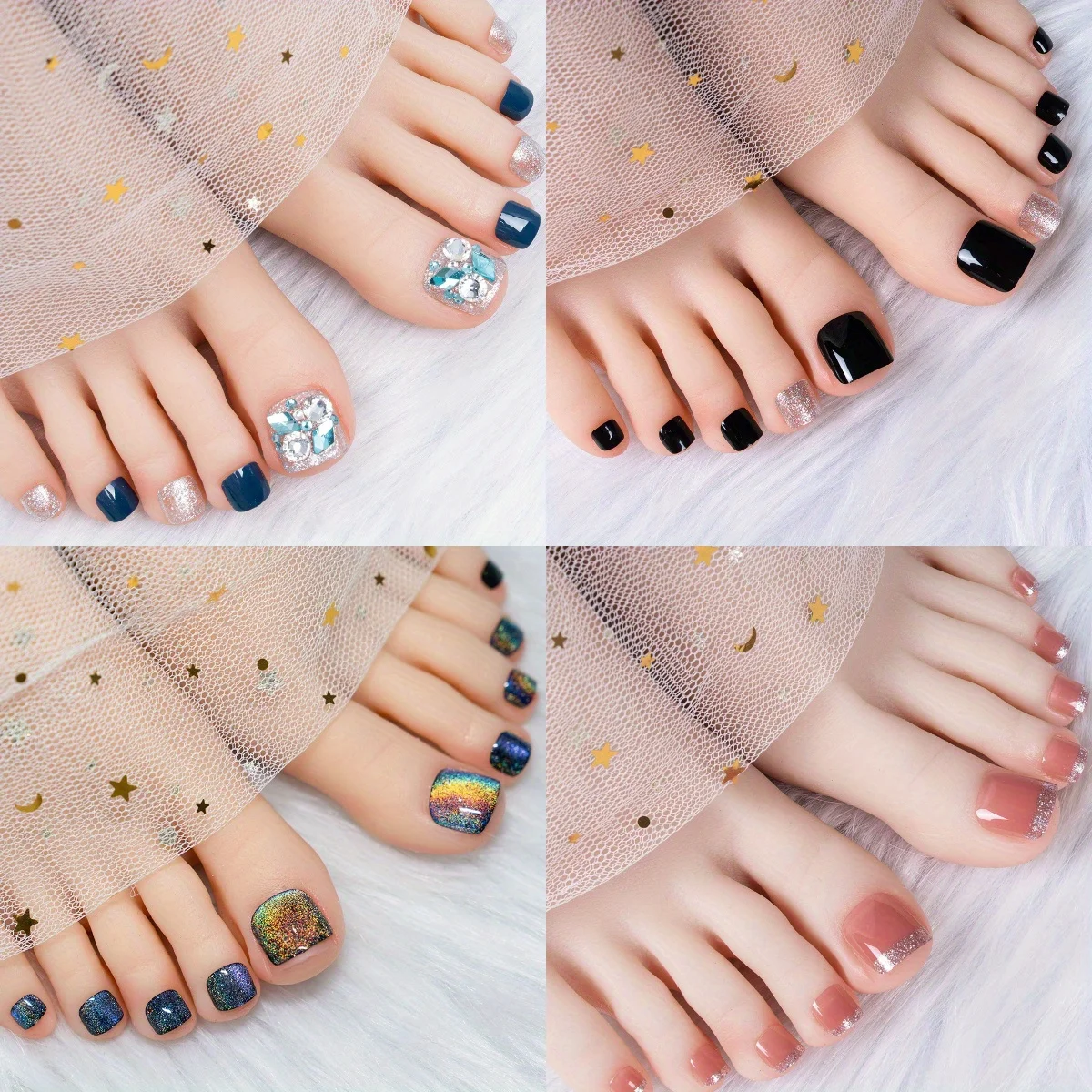 

96 шт. (4 упаковки) французские ногти на ногах - радужный кошачий глаз, черный, телесный, синий со сверкающими стразами в стиле панк, накладные na