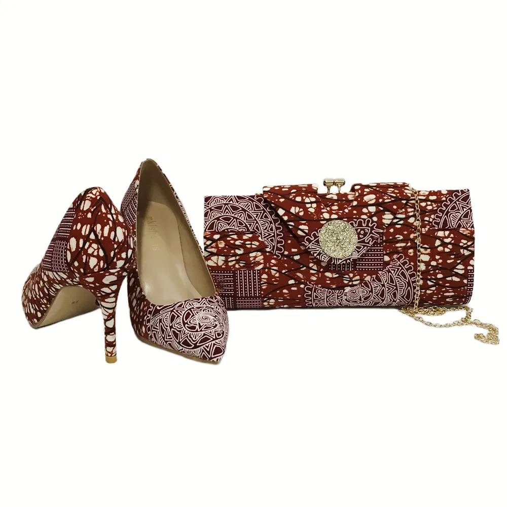 Tessuto in cera di cotone stile africano realizzato scarpe e borsa da donna Set Comfort classici tacchi alti Shose 9cm per abito da festa 409-2