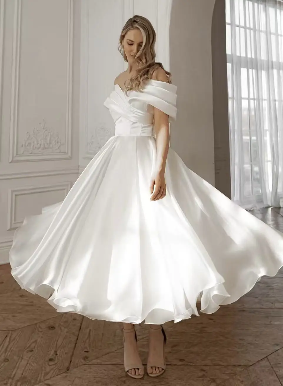 Ninfa lvory Abito da sposa in raso con spalle scoperte Una linea Abiti da sposa Donna Elegante caviglia Abiti da sposa PersonalizzatiVestido de novi
