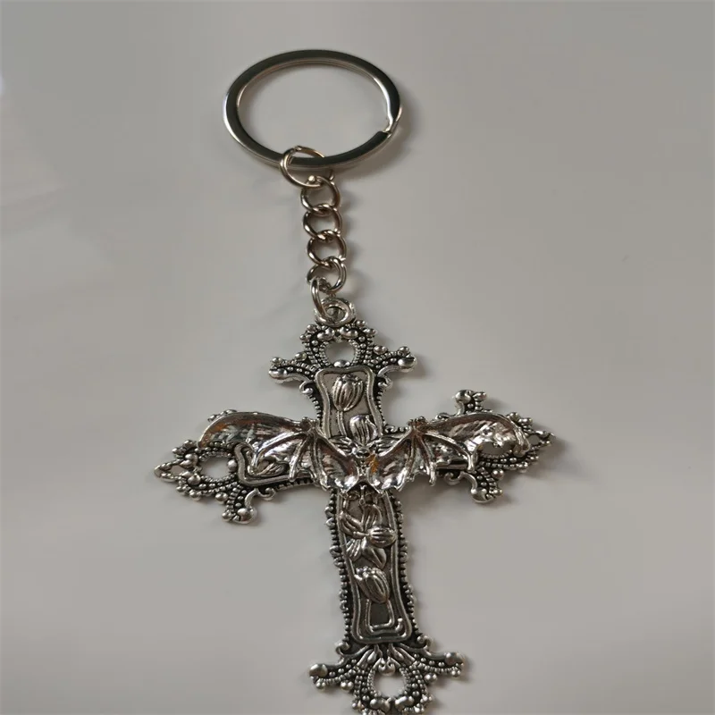 Vampire Bat Cross  keychains Pendant Floral Filigree Victorian Vintage Gothic Style Great Gift for Her Protection Amulet