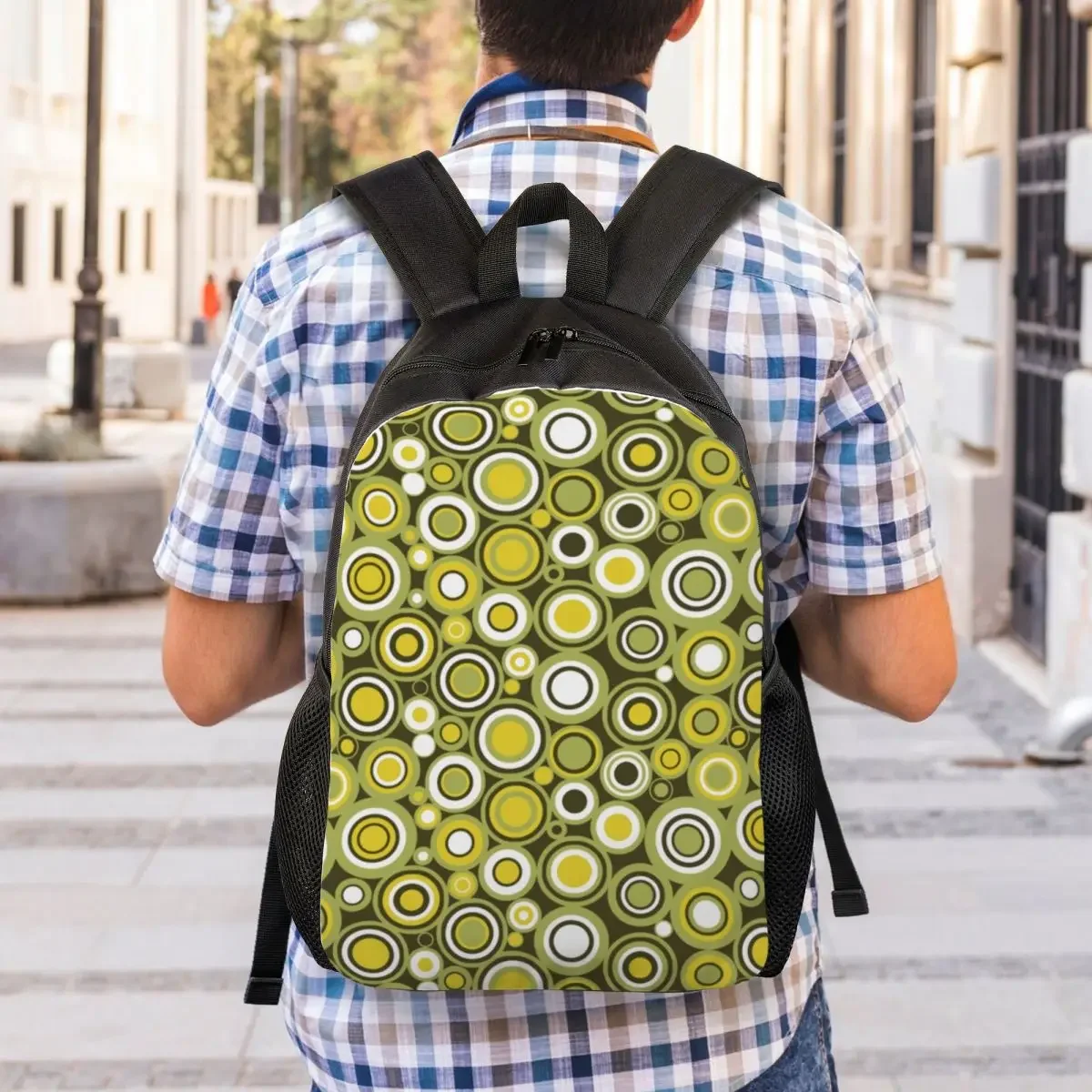 Custom Green Yellow White Circle Retro Pattern Travel Backpack Women Men School Computer Bookbag College Student Daypack Bags