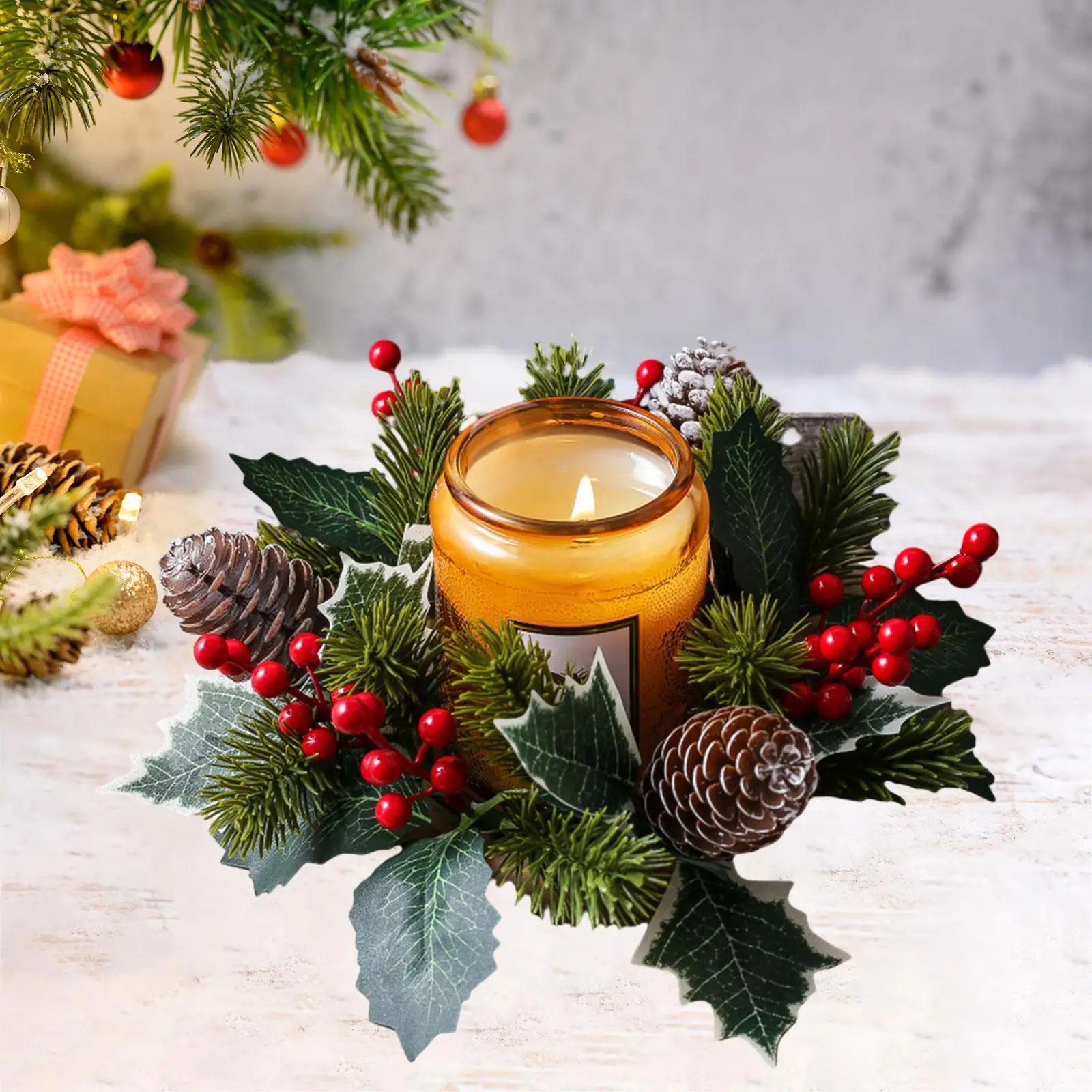 Christmas Candle Ring Wreath Pine Needle Garland Decor Holiday Candlestick Holder for Wedding Dinner Thanksgiving Tealight