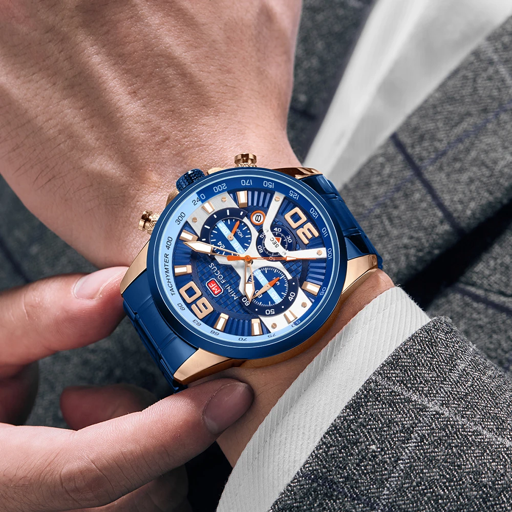 MINI FOCUS 0336 ساعات كوارتز للرجل متعدد الوظائف التقويم مضيئة مقاوم للماء حزام الصلب ساعة رجال الأعمال الأنيقة