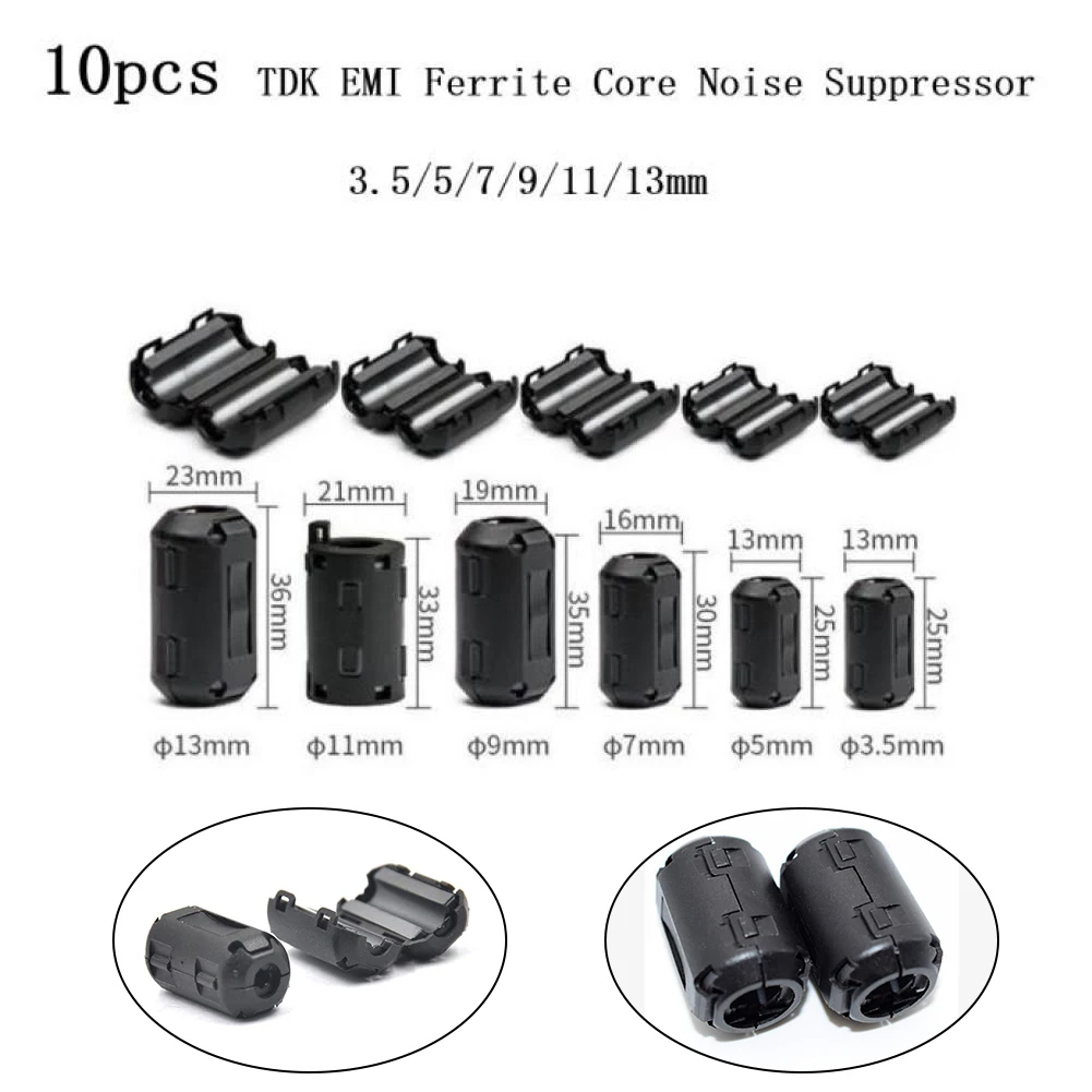 10 pz Nucleo di Ferrite Choke Clip Soppressore di Rumore Anello Filtro Cavo Clip Su Filo RFI 3.5mm 5mm 7mm 9mm 11mm 13mm