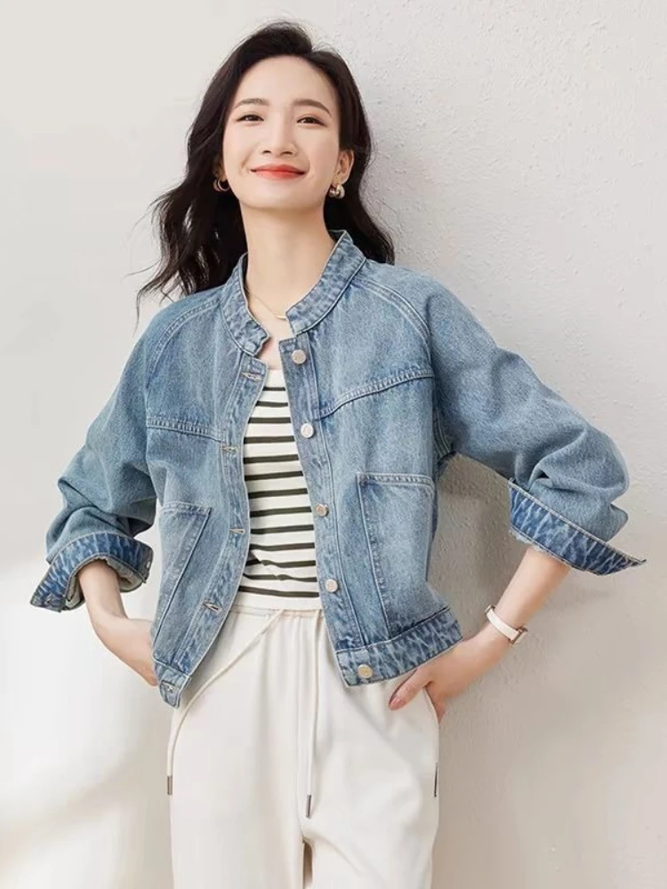 Vintage Washed Blue Denim Cropped Jacket for Petite Women Spring Fall Stand Collar Long Sleeve Jean Coat Casual Loose Outewear - view 4
