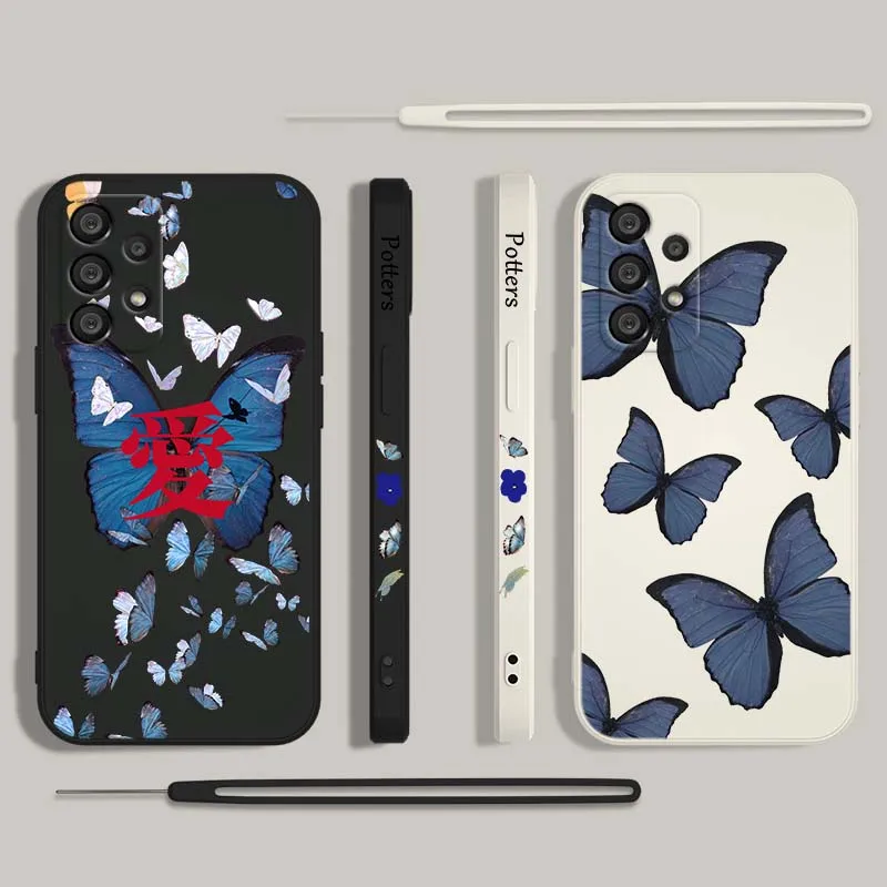 Blue butterfly fashion For Samsung Galaxy A73 A71 A55 A54 A53 A51 A17 A16 A07 A06 A05 Liquid Left Rope Phone Case Cover