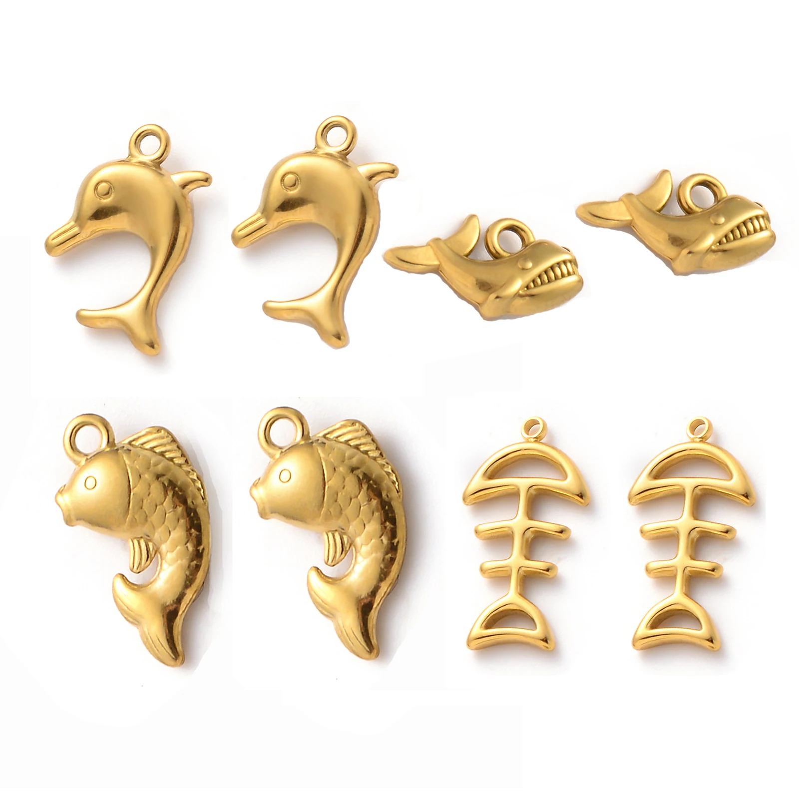 3Pcs Gold Stainless Steel Lovely Dolphin Shark Fish Fishbone Charms Pendant For DIY Earrings Necklace Jewelry Making Findings