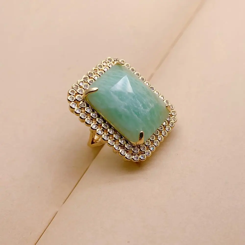 KKGEM  22x26mm Natural Amazonite Rectangle Cz Pave gold plated adjustable Ring