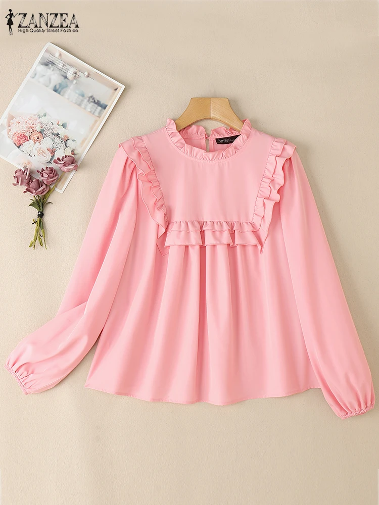 

ZANZEA женские блузки с круглым вырезом и длинными рукавами, весенние офисные рубашки, элегантные праздничные блузки с воланами, женские рабочие топы, туника оверсайз