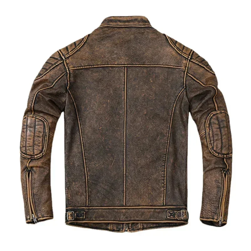 Vintage Yellow Genuine Leather Jacket Men Slim 100% Cowhide Motorcycle Style Biker Coat Mens Skin