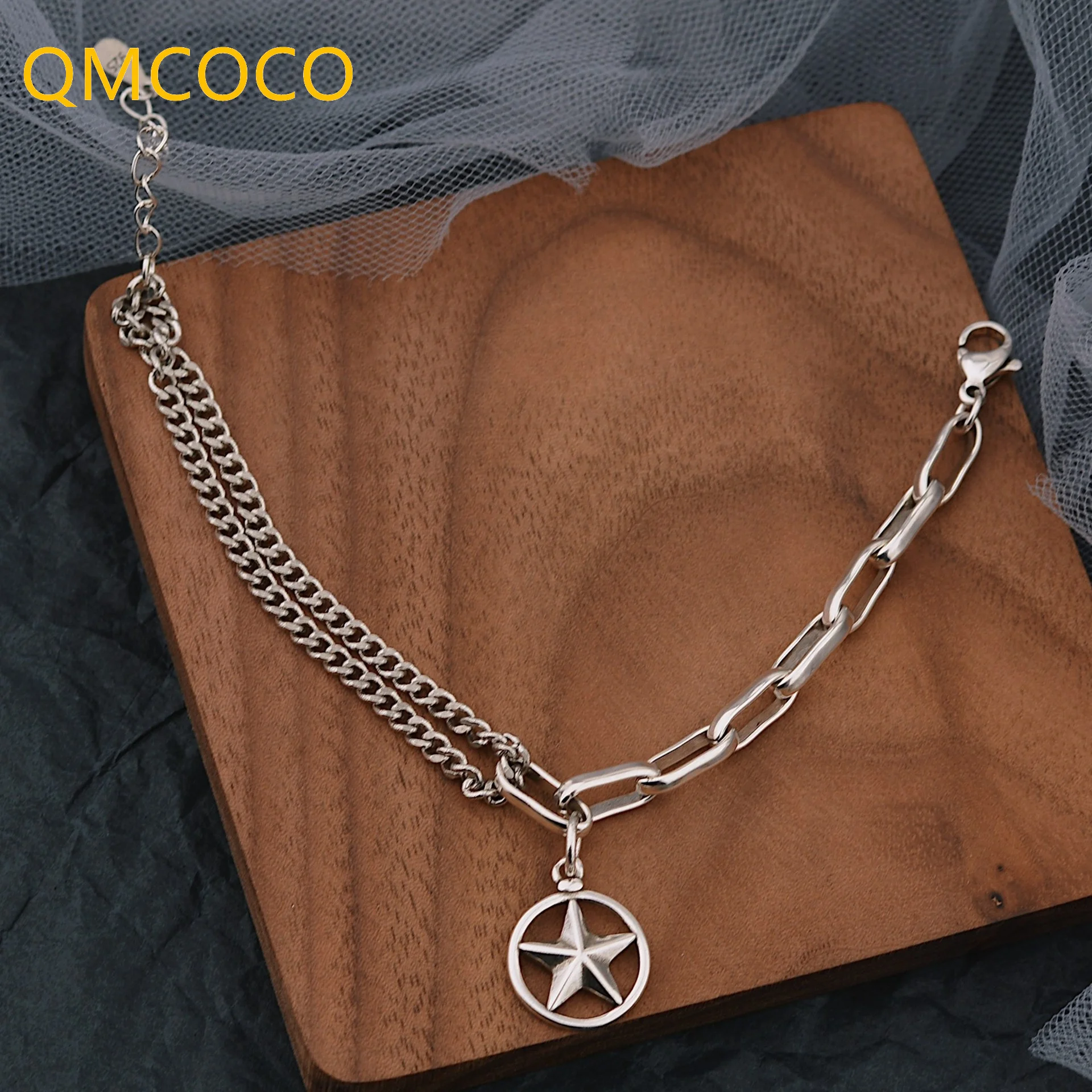 QMCOCO Silver Color Splicing Double-Deck Chain Bracelets Fashion Vintage Couples Creative Design Hollow Star Party Jewelry