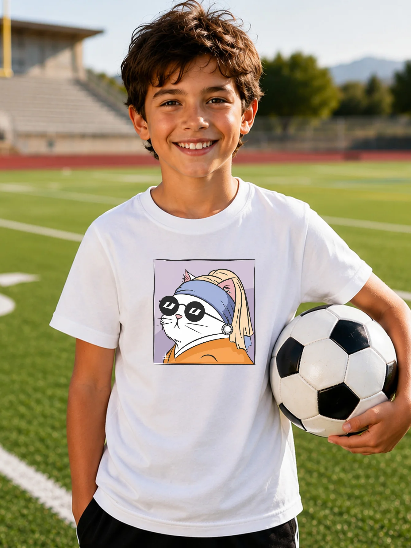 Stylish Art Cat With Pearl Earring Print Family Matching T Shirt Boys Girls Soft Summer Short Sleeve Tees Parent‑Child Daily Top