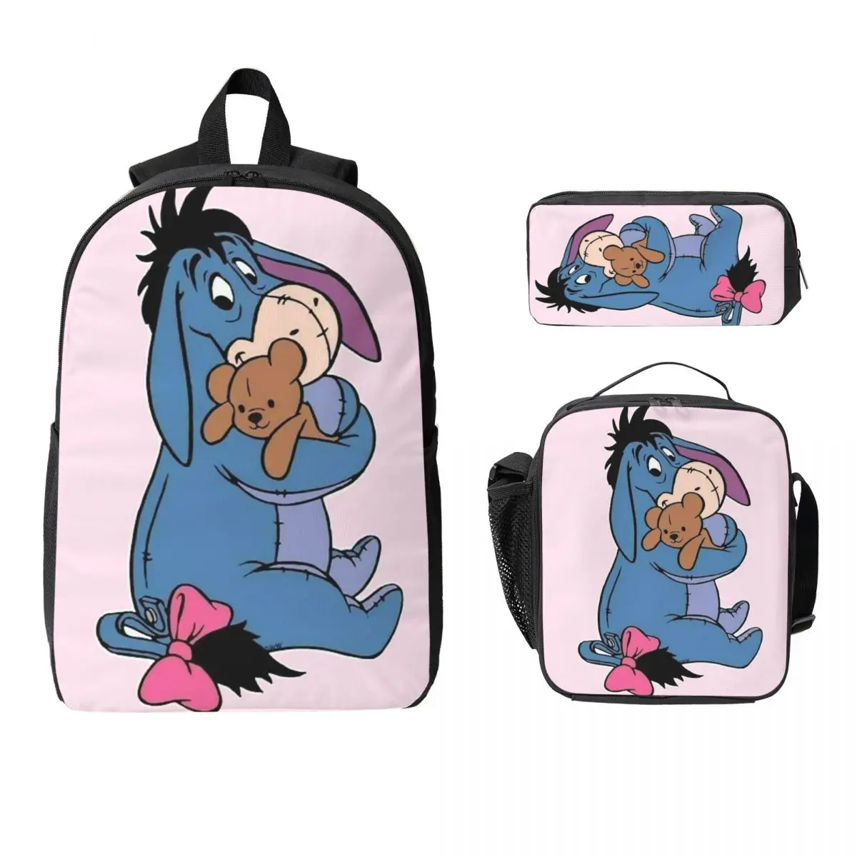 

Winnie The Pooh Eeyore Smile Cartoon Backpack Boys Girls BookBag School Bag Shoulder Bags 3ps Insulated Lunch Bag Pencil Case