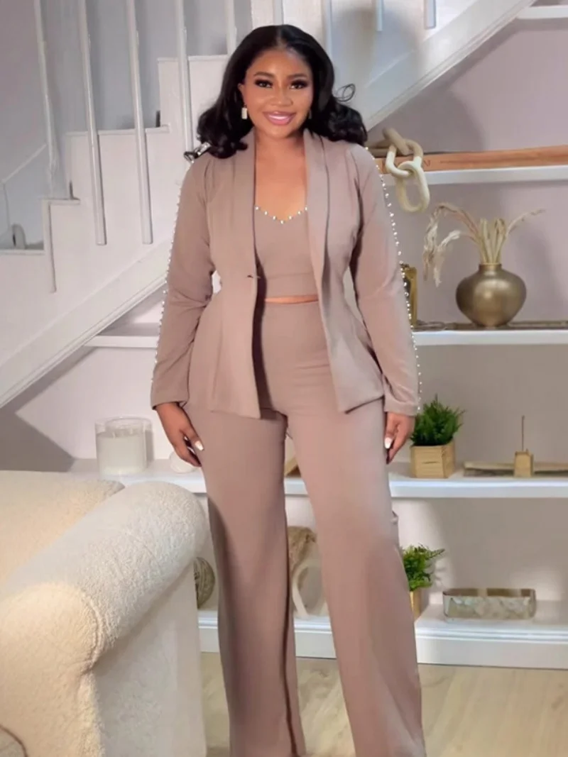 

Уличная одежда, комплекты из 3 предметов, женская одежда, осенняя одежда, женский декор из бисера, блейзер, топ + жилет + брюки, комплекты OL Style, дорожные костюмы